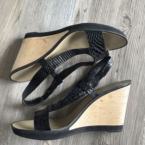 Nine West Black Leather Staple  Cork Bottom Wedges Size 10 - Picture 7 of 11